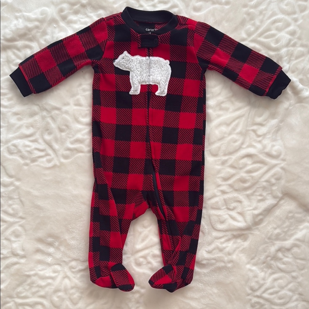 Carter's Red and Black Plaid Footie with Bear Appliqué